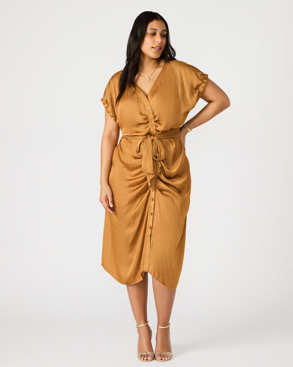 BRUNO Caramel Women's Button-Up Short-Sleeved Midi Dress | Steve Madden on Sale