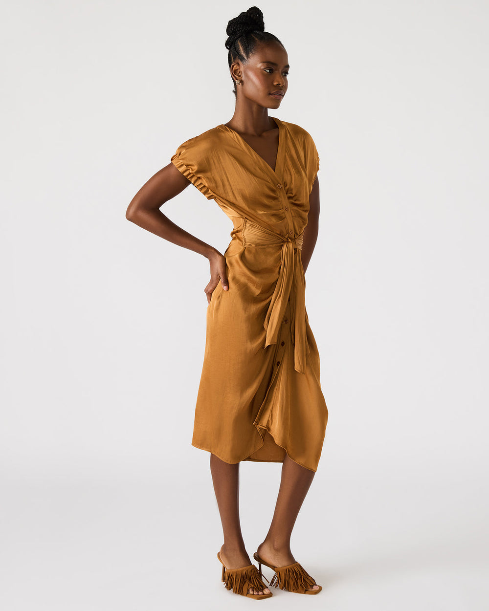 BRUNO Caramel Women's Button-Up Short-Sleeved Midi Dress | Steve Madden on Sale