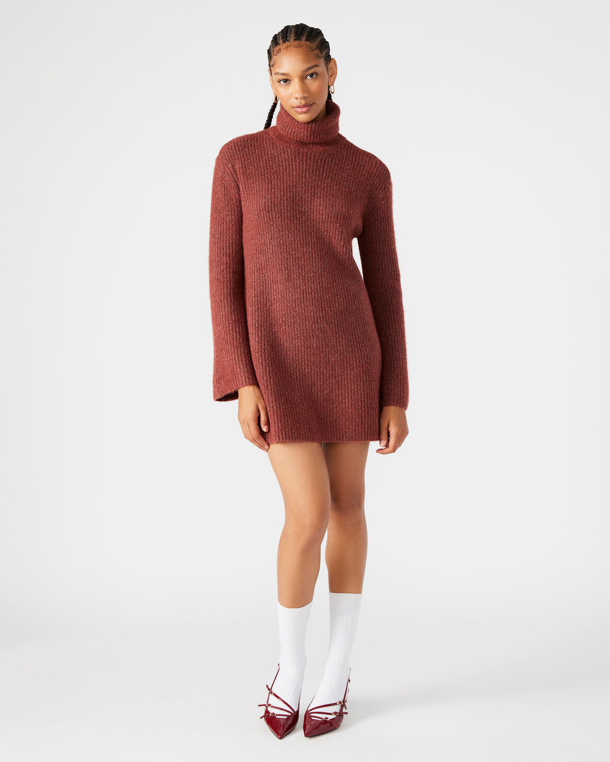 ABBIE Sweater Dress Rust | Mini Turtleneck Flared Sleeve Dress | Steve Madden online