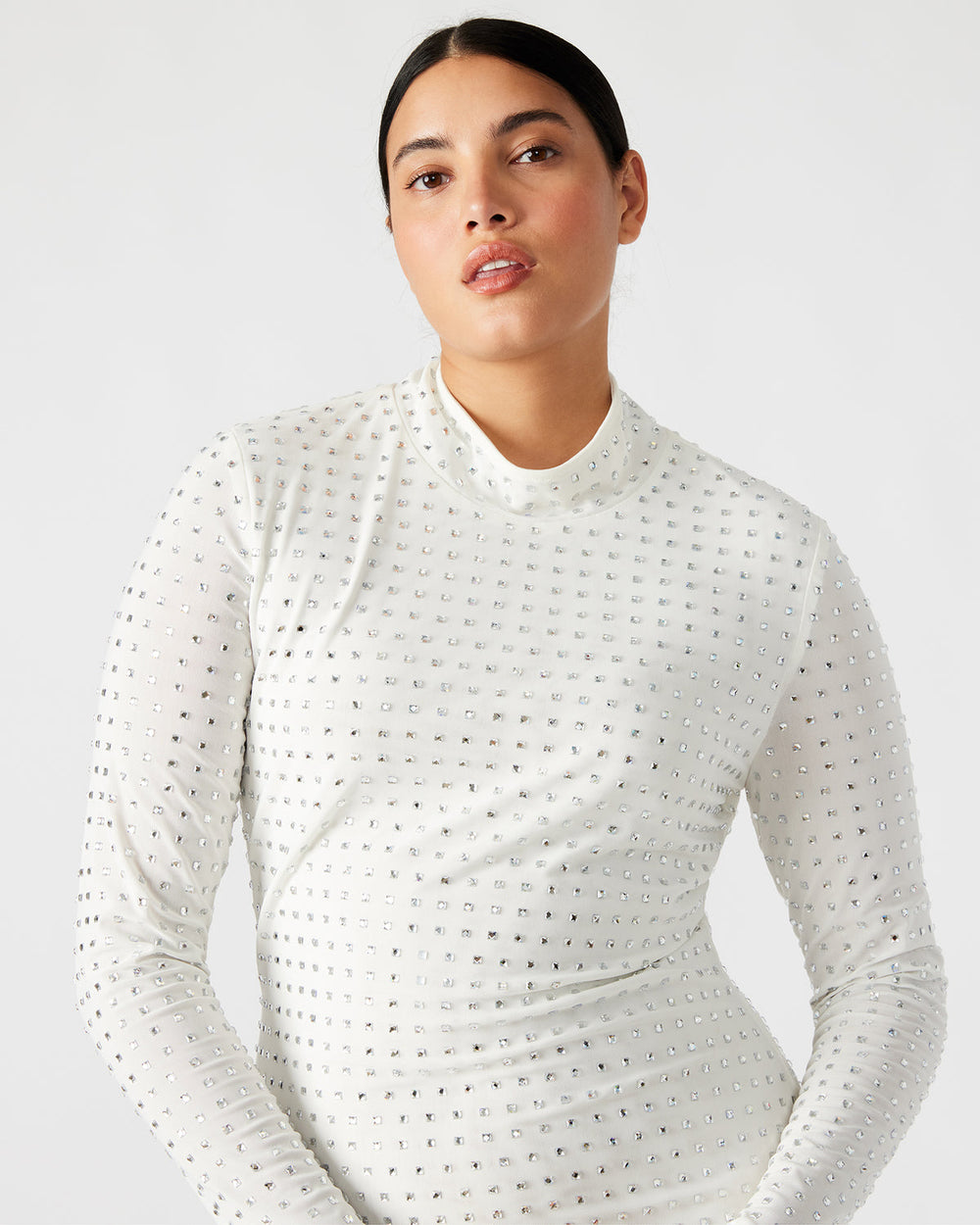 KRISTA Dress White | Women's Long-Sleeved Bodycon Rhinestone Mini Dress | Steve Madden online