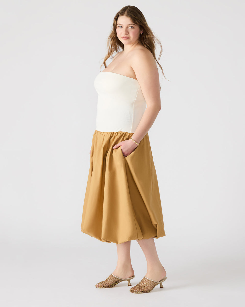OLIVER Taupe Women's Strapless Midi Bubble Dress | Steve Madden discount
