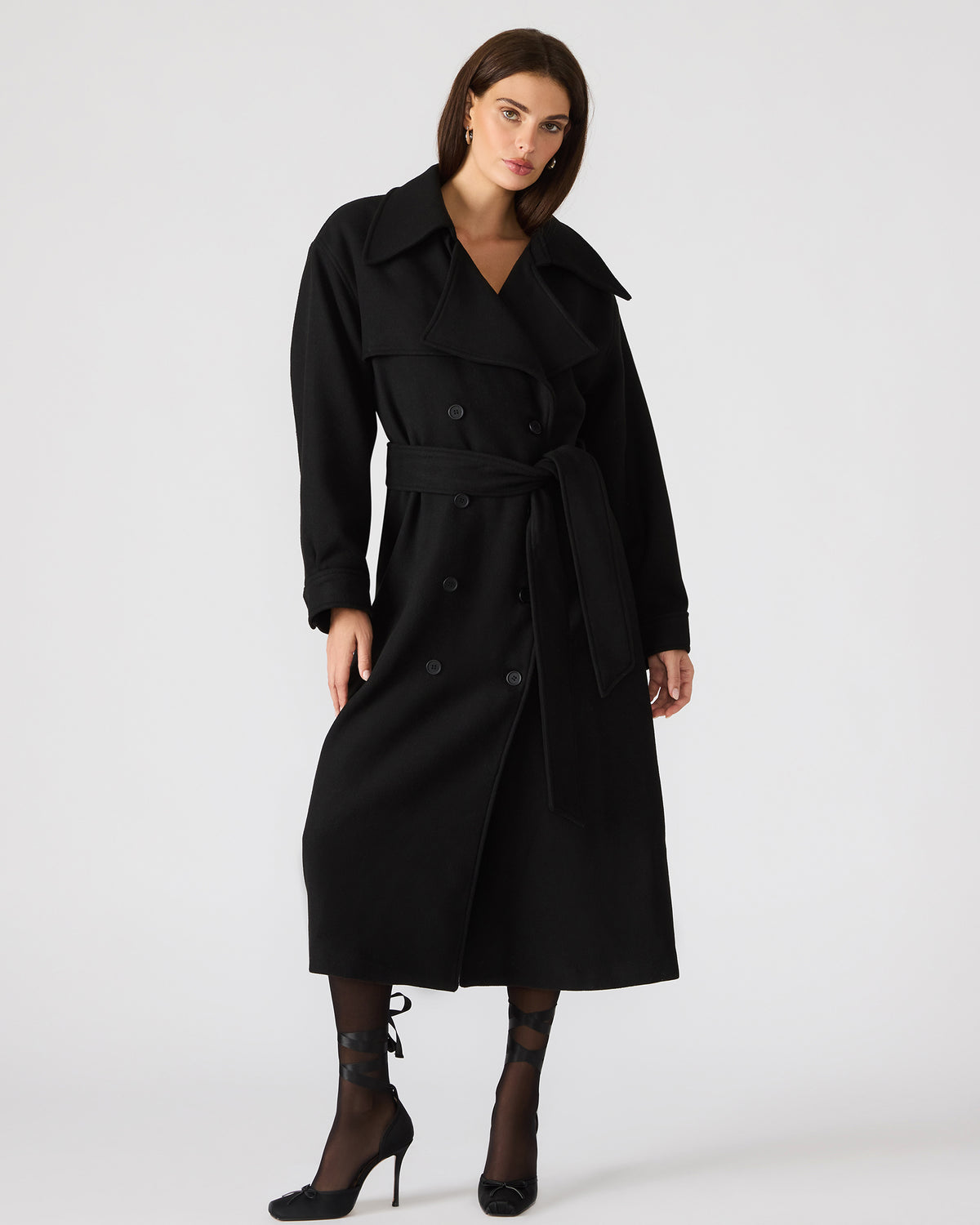 ENORA Black Long-Sleeved Button-Up Collared Women's Trench Coat | Steve Madden discount