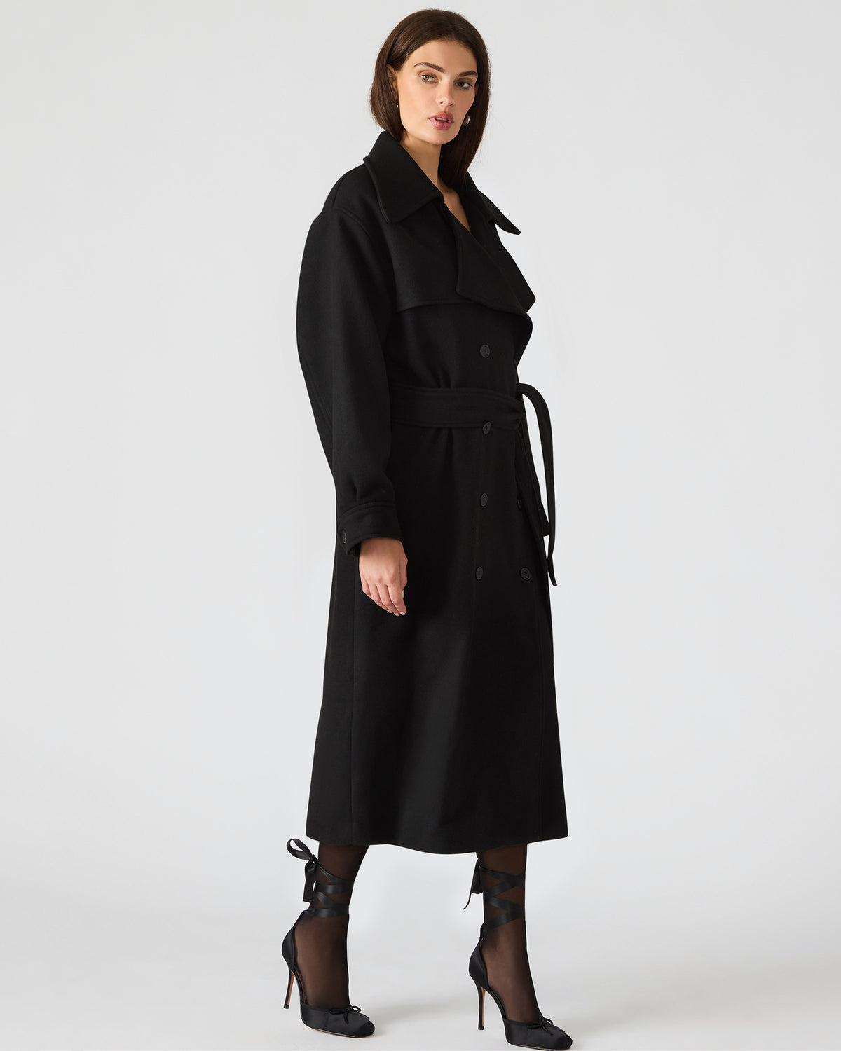ENORA Black Long-Sleeved Button-Up Collared Women's Trench Coat | Steve Madden discount