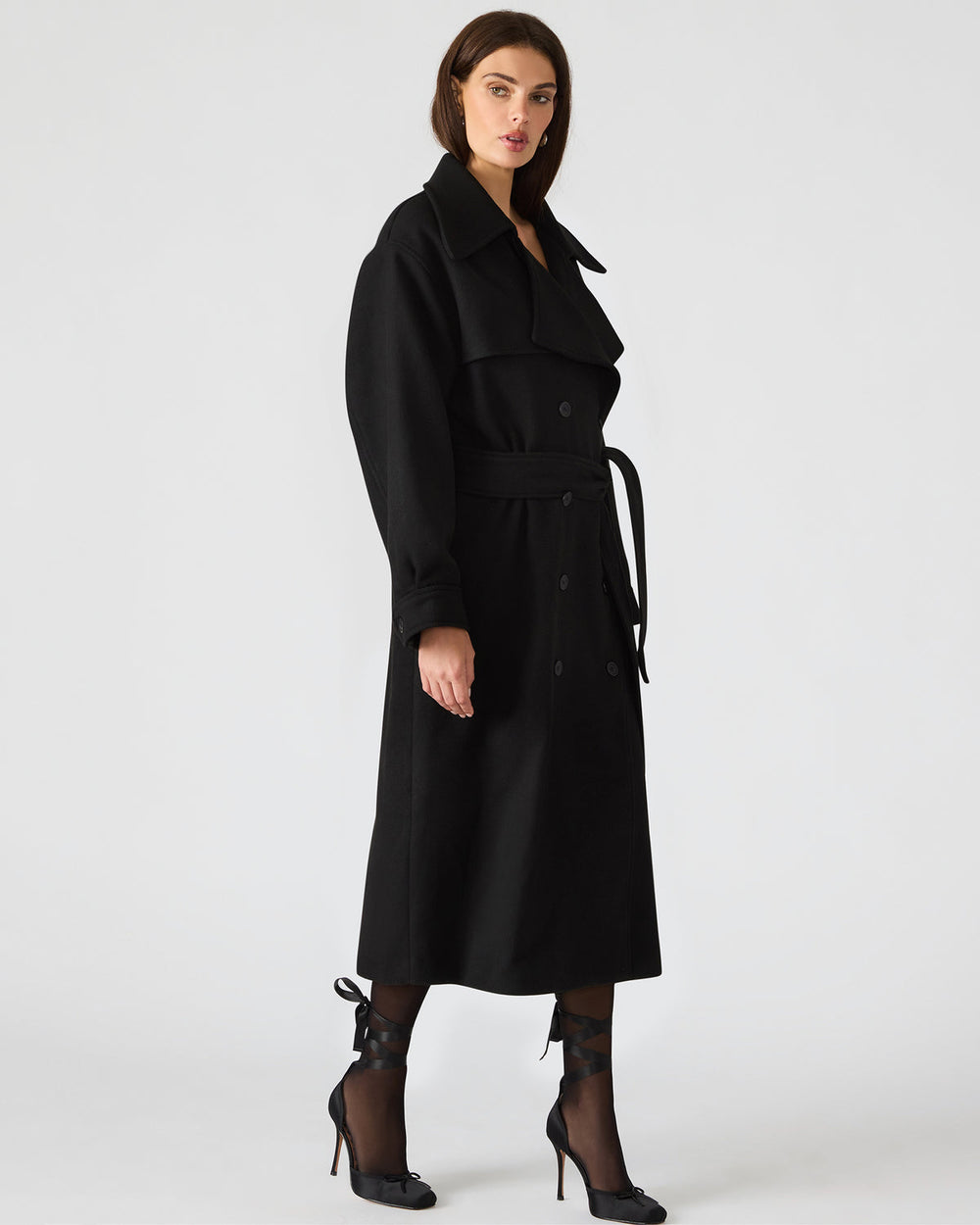 ENORA Black Long-Sleeved Button-Up Collared Women's Trench Coat | Steve Madden discount