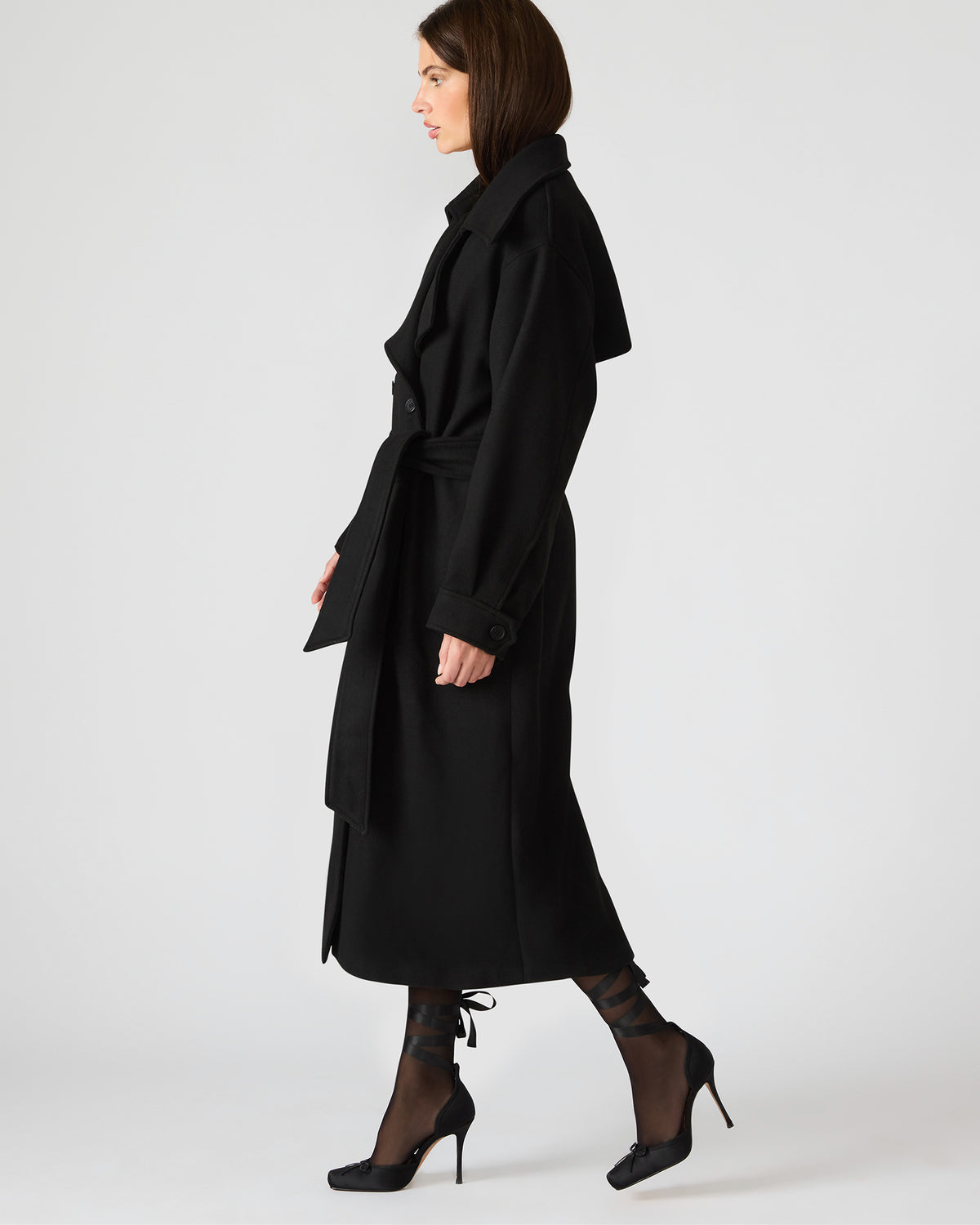 ENORA Black Long-Sleeved Button-Up Collared Women's Trench Coat | Steve Madden discount