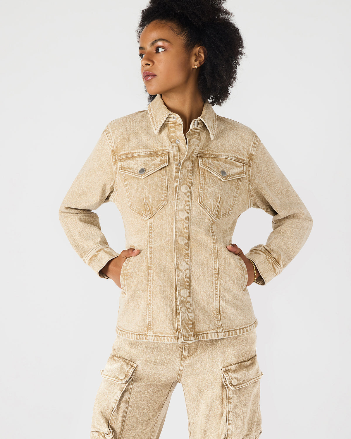 PARC Cafe Au Lait Long-Sleeved Button-Up Denim Women's Jacket | Steve Madden Sale