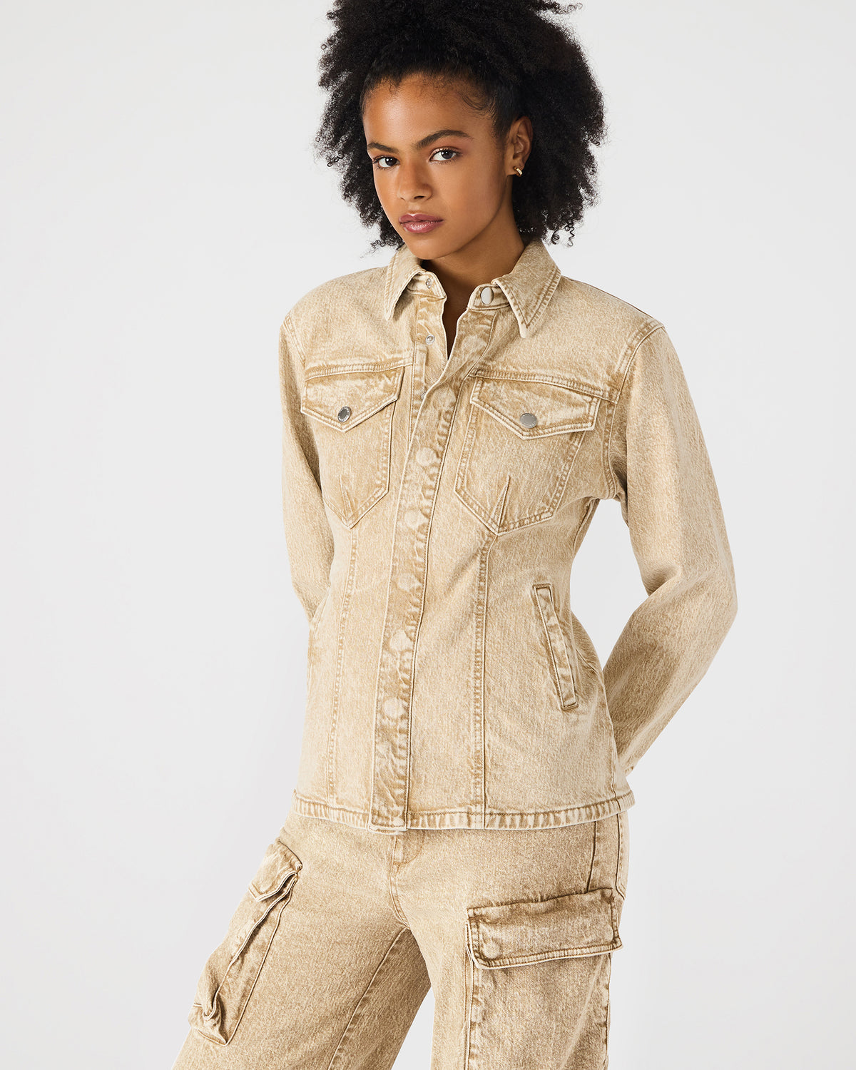 PARC Cafe Au Lait Long-Sleeved Button-Up Denim Women's Jacket | Steve Madden Sale