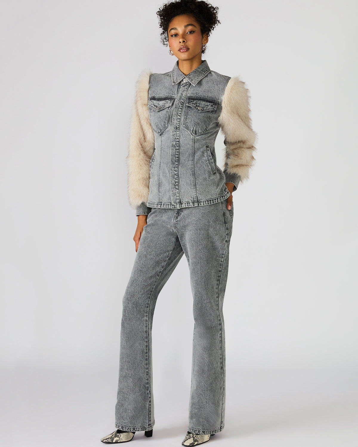 PARKER Fog Faux Fur Long-Sleeved Button-Up Denim Women's Jacket | Steve Madden US