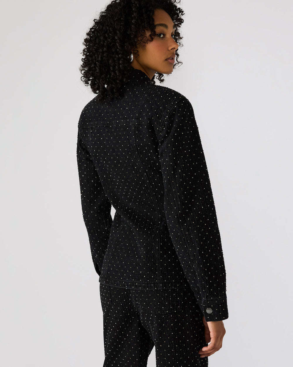 PARC Black Crystal Rhinestone Embellished Long-Sleeved Button-Up Denim Women's Jacket | Steve Madden on Sale