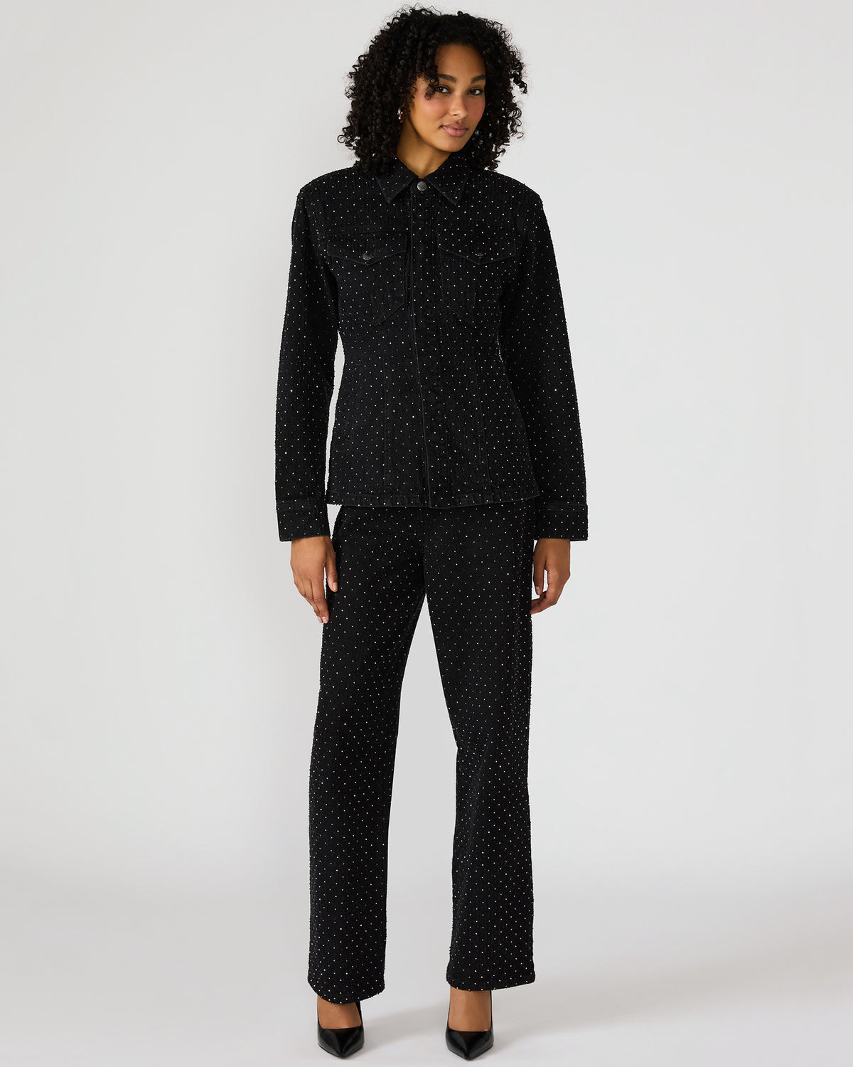PARC Black Crystal Rhinestone Embellished Long-Sleeved Button-Up Denim Women's Jacket | Steve Madden on Sale