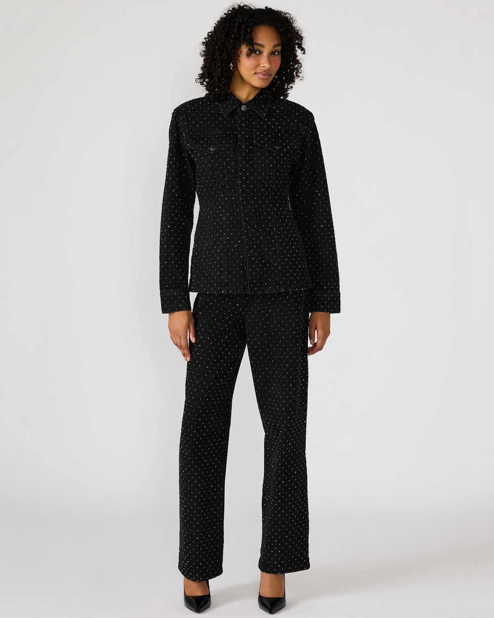 PARC Black Crystal Rhinestone Embellished Long-Sleeved Button-Up Denim Women's Jacket | Steve Madden on Sale