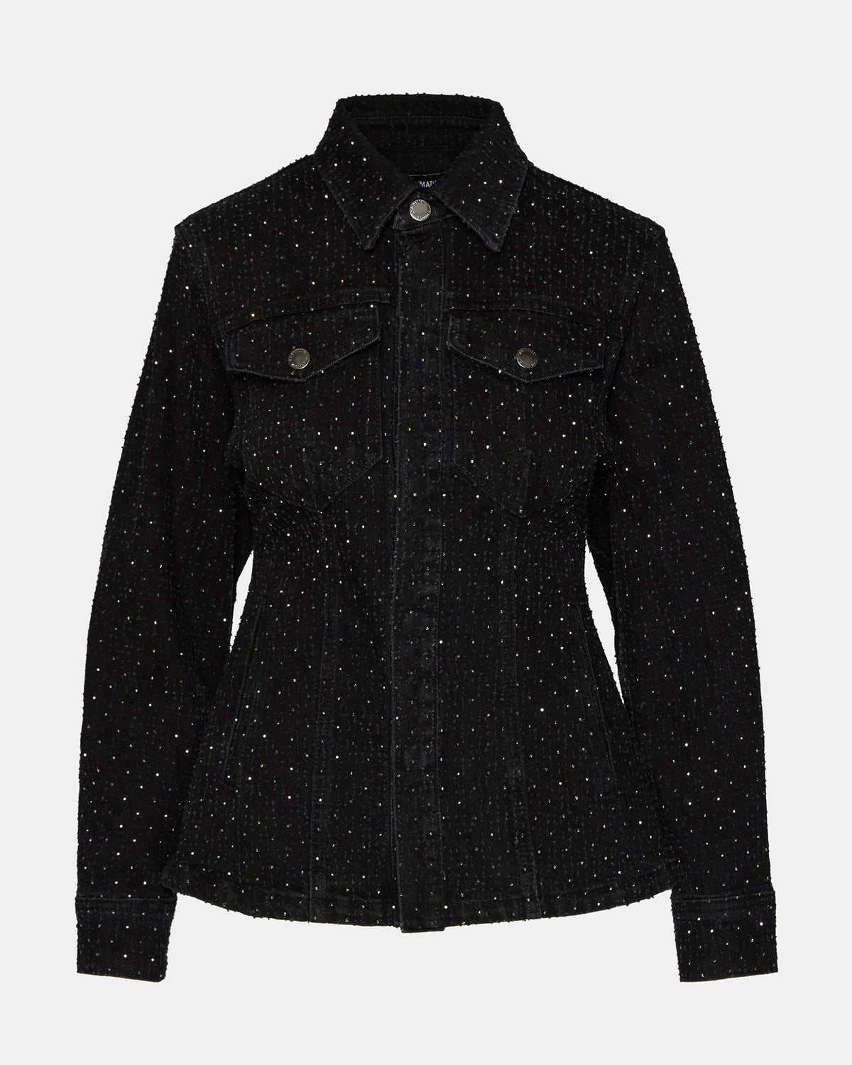 PARC Black Crystal Rhinestone Embellished Long-Sleeved Button-Up Denim Women's Jacket | Steve Madden on Sale