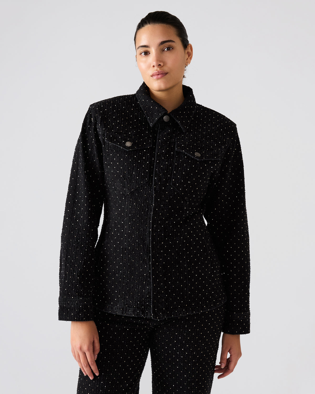 PARC Black Crystal Rhinestone Embellished Long-Sleeved Button-Up Denim Women's Jacket | Steve Madden on Sale