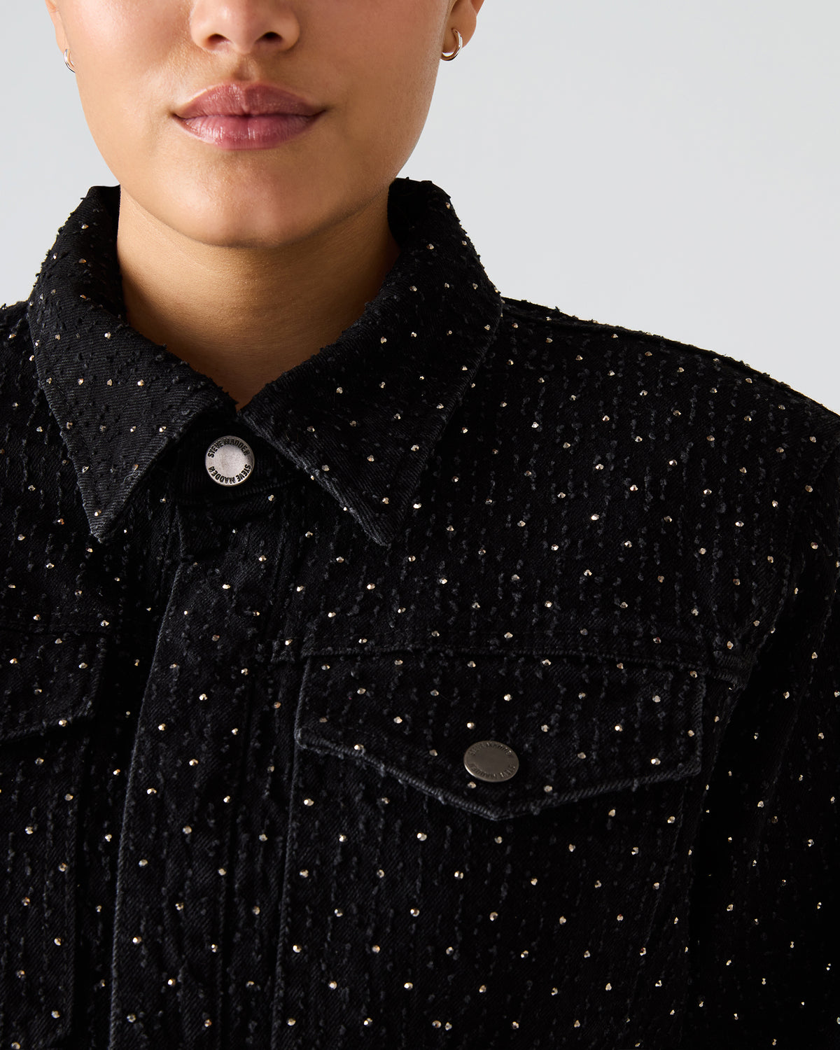 PARC Black Crystal Rhinestone Embellished Long-Sleeved Button-Up Denim Women's Jacket | Steve Madden on Sale
