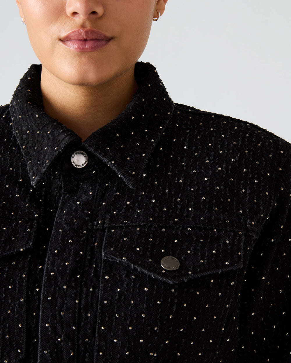 PARC Black Crystal Rhinestone Embellished Long-Sleeved Button-Up Denim Women's Jacket | Steve Madden on Sale