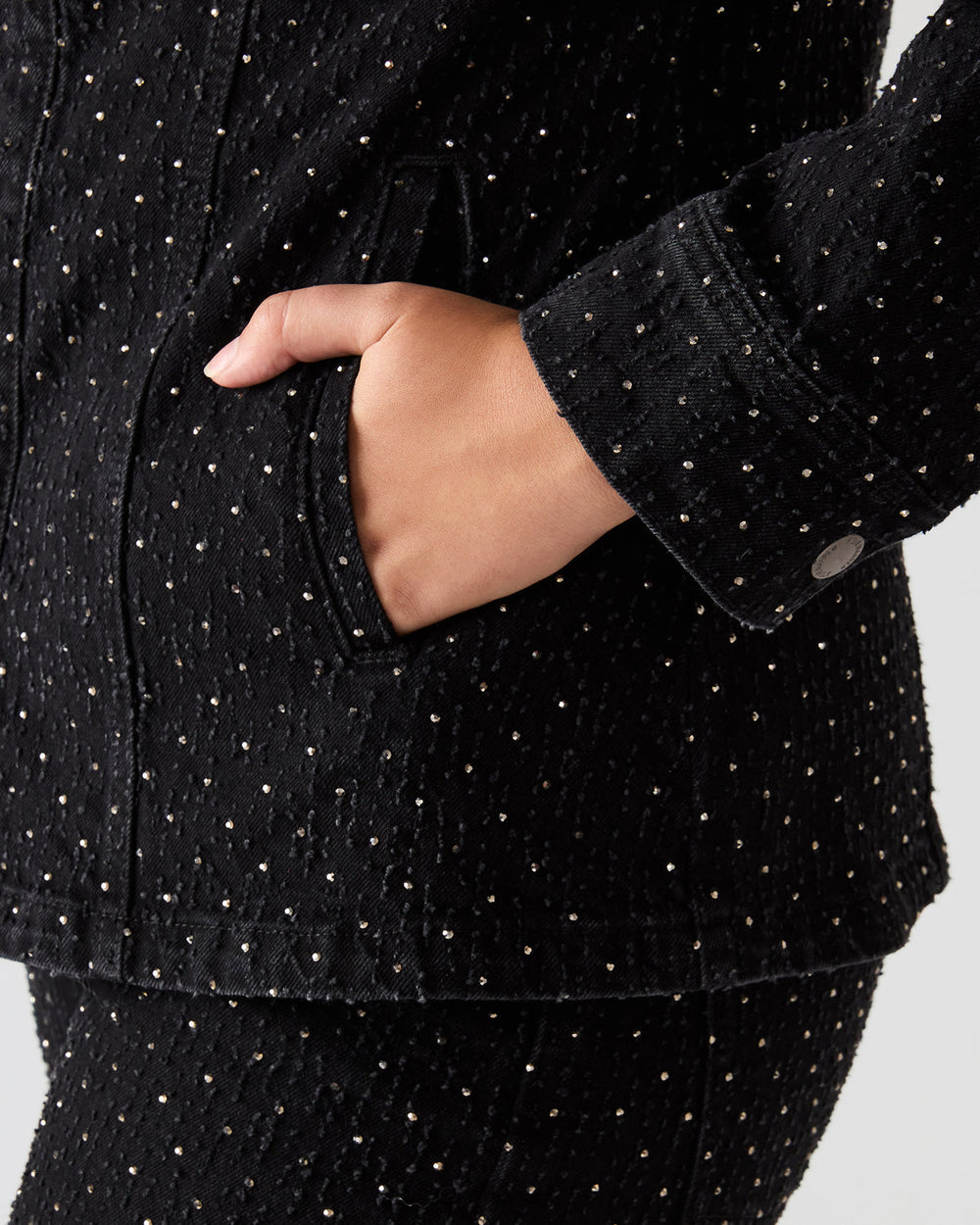 PARC Black Crystal Rhinestone Embellished Long-Sleeved Button-Up Denim Women's Jacket | Steve Madden on Sale