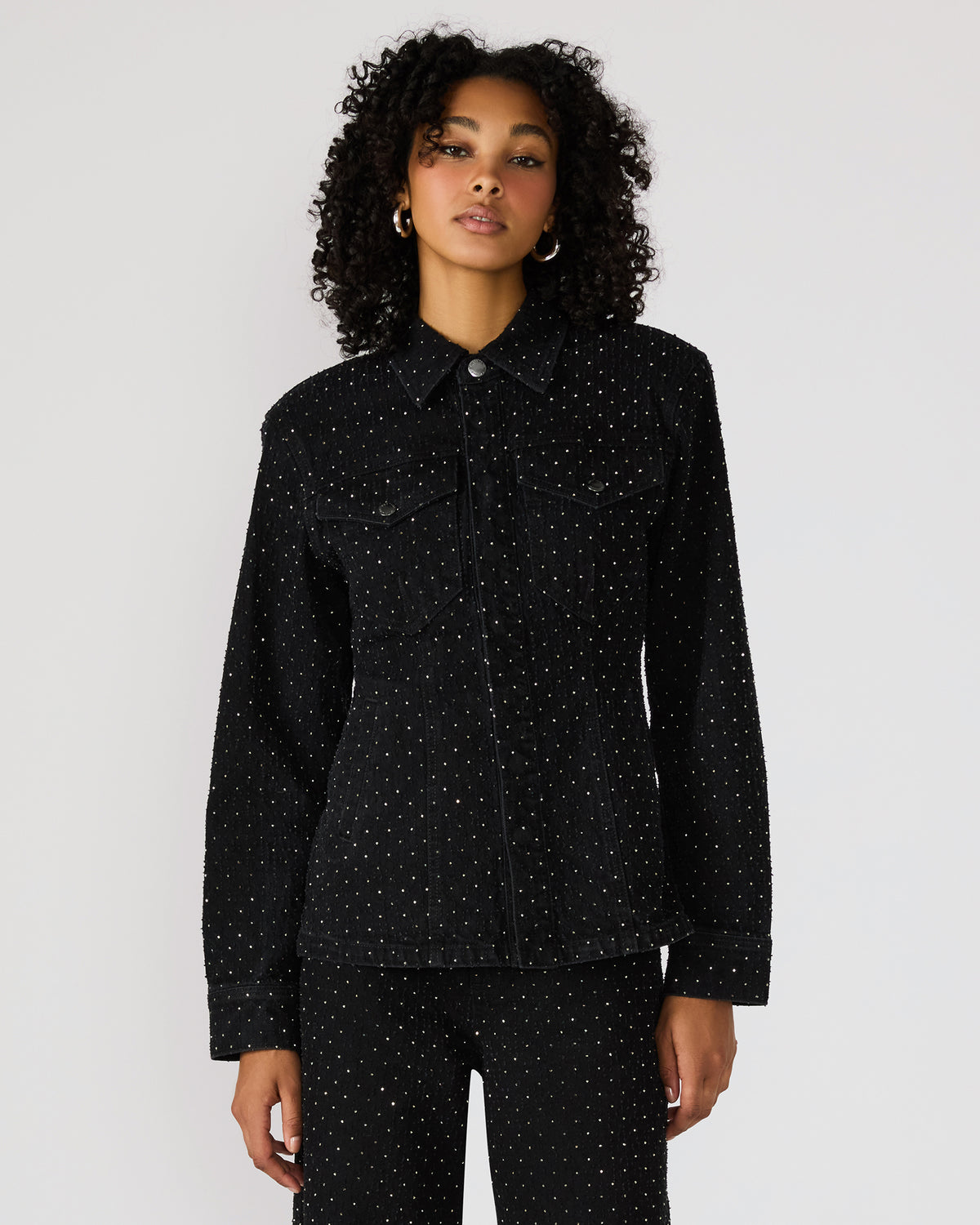 PARC Black Crystal Rhinestone Embellished Long-Sleeved Button-Up Denim Women's Jacket | Steve Madden on Sale
