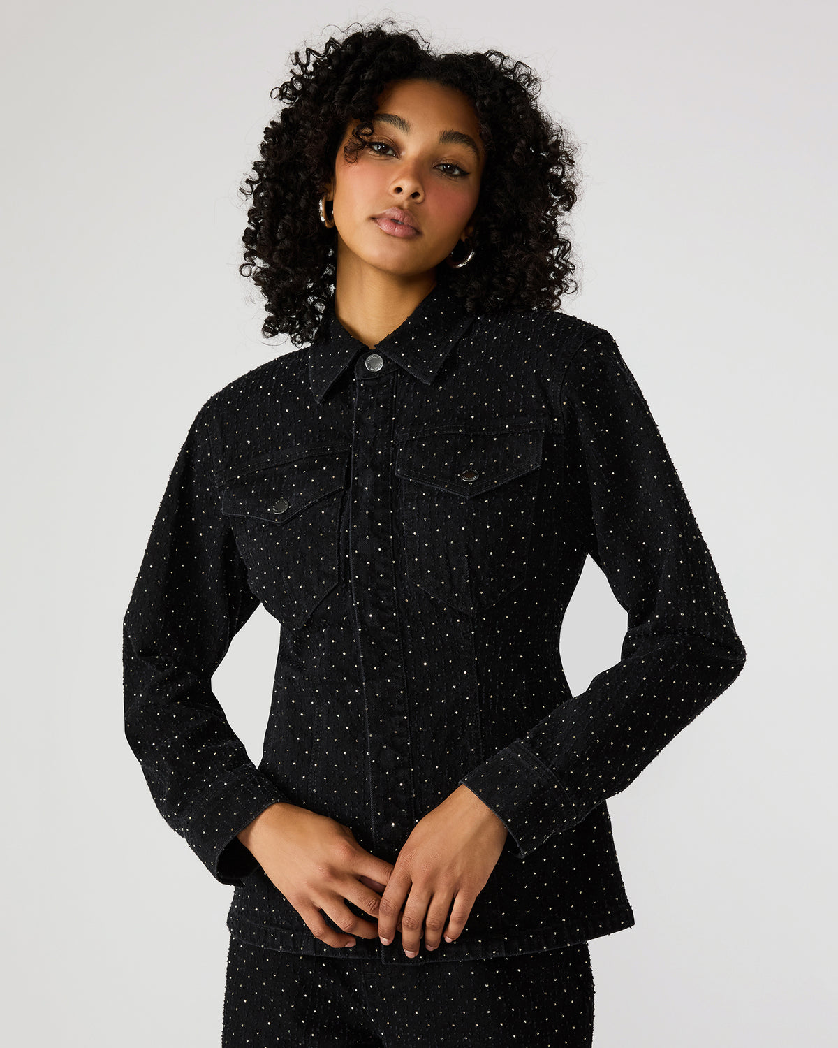 PARC Black Crystal Rhinestone Embellished Long-Sleeved Button-Up Denim Women's Jacket | Steve Madden on Sale