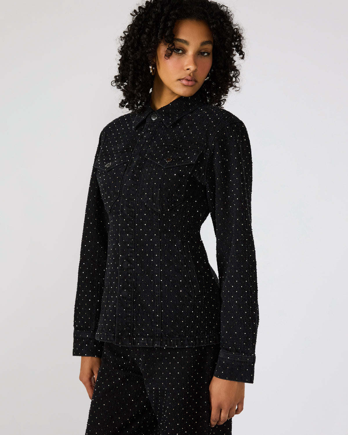 PARC Black Crystal Rhinestone Embellished Long-Sleeved Button-Up Denim Women's Jacket | Steve Madden on Sale
