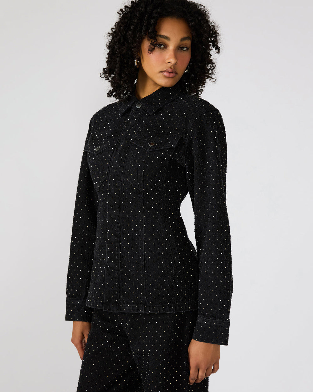 PARC Black Crystal Rhinestone Embellished Long-Sleeved Button-Up Denim Women's Jacket | Steve Madden on Sale