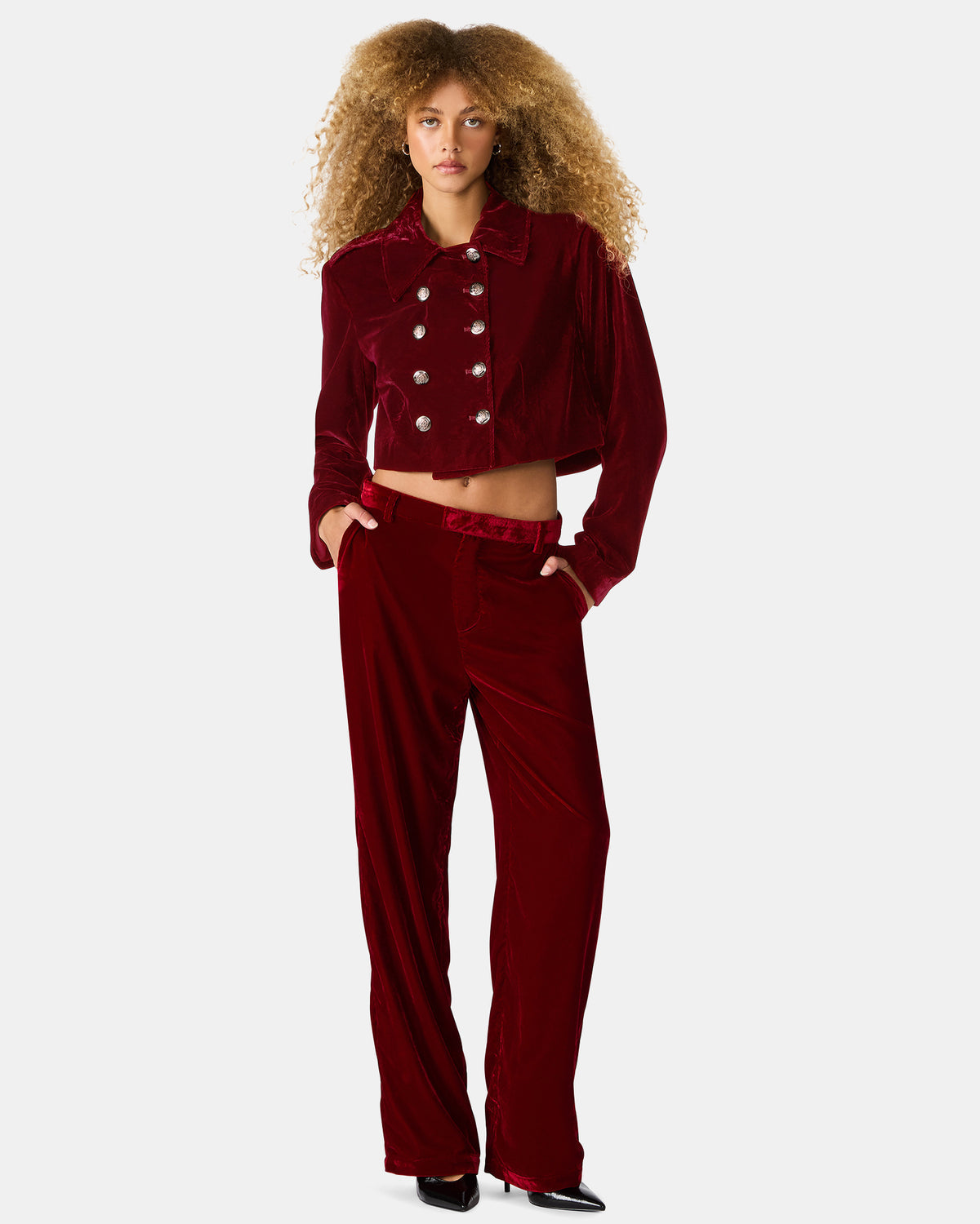 TONIA Red Velvet Button-Up Long-Sleeved Women's Blazer Jacket | Steve Madden on Sale