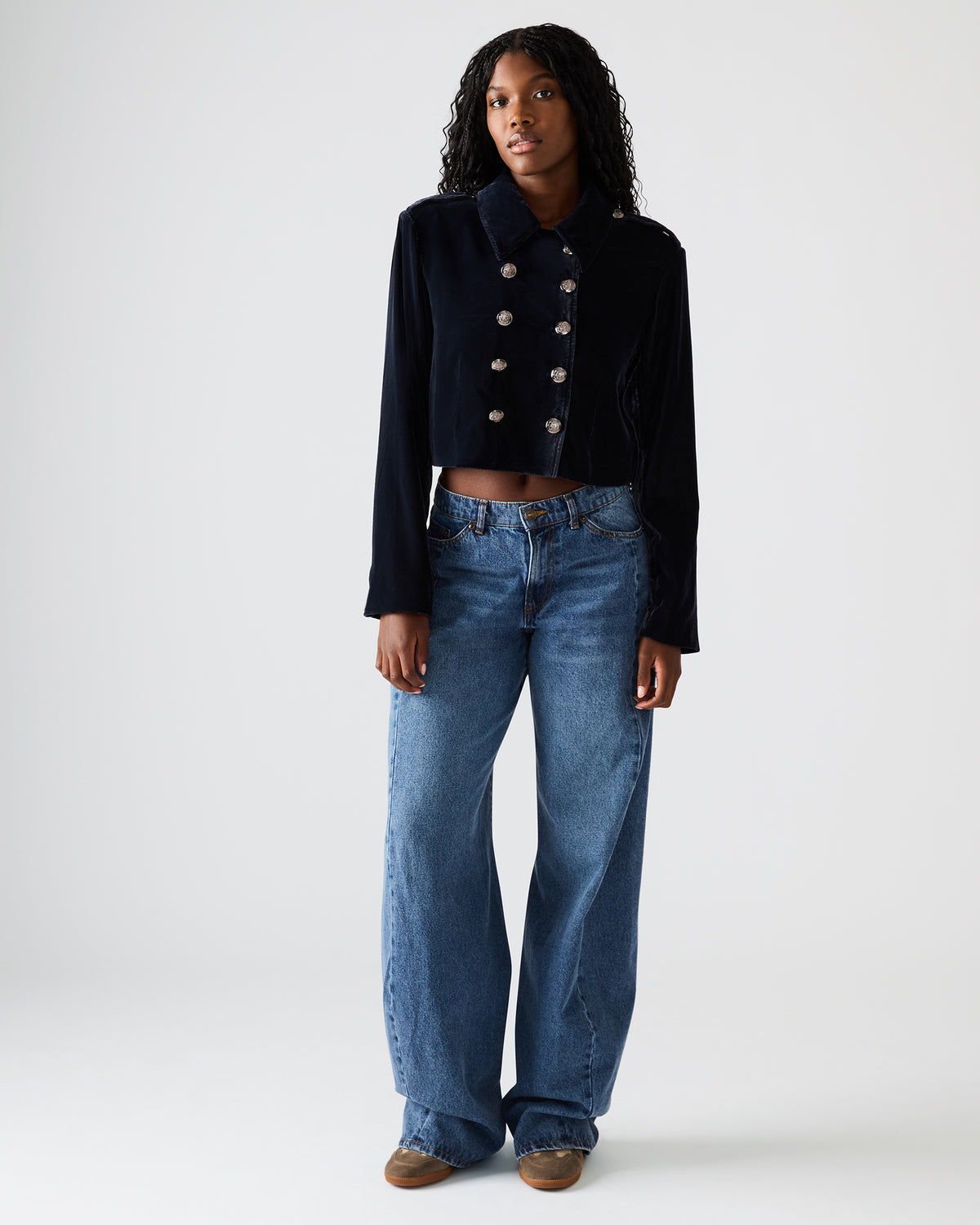 TONIA Indigo Haze Velvet Button-Up Long-Sleeved Women's Blazer Jacket | Steve Madden near me