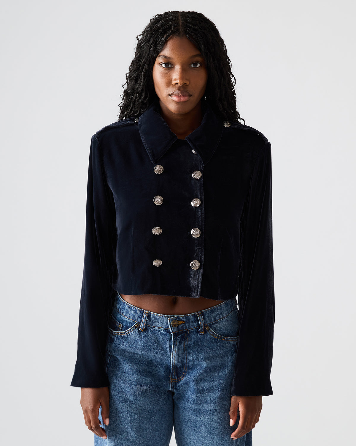 TONIA Indigo Haze Velvet Button-Up Long-Sleeved Women's Blazer Jacket | Steve Madden near me