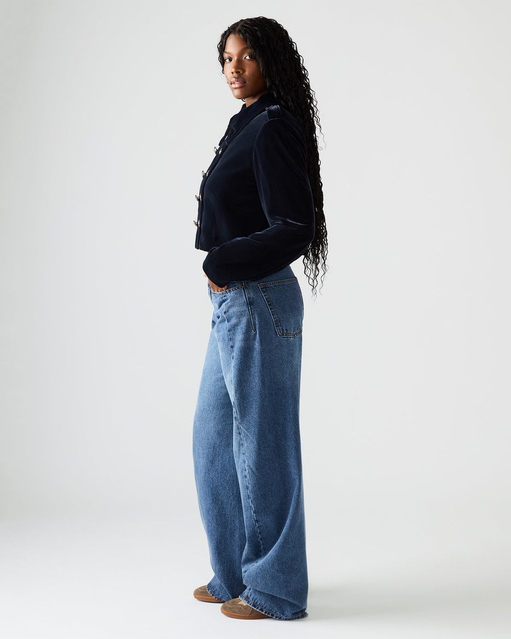 TONIA Indigo Haze Velvet Button-Up Long-Sleeved Women's Blazer Jacket | Steve Madden near me