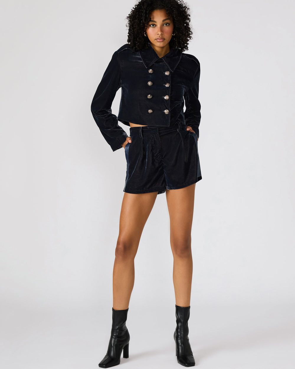 TONIA Indigo Haze Velvet Button-Up Long-Sleeved Women's Blazer Jacket | Steve Madden near me