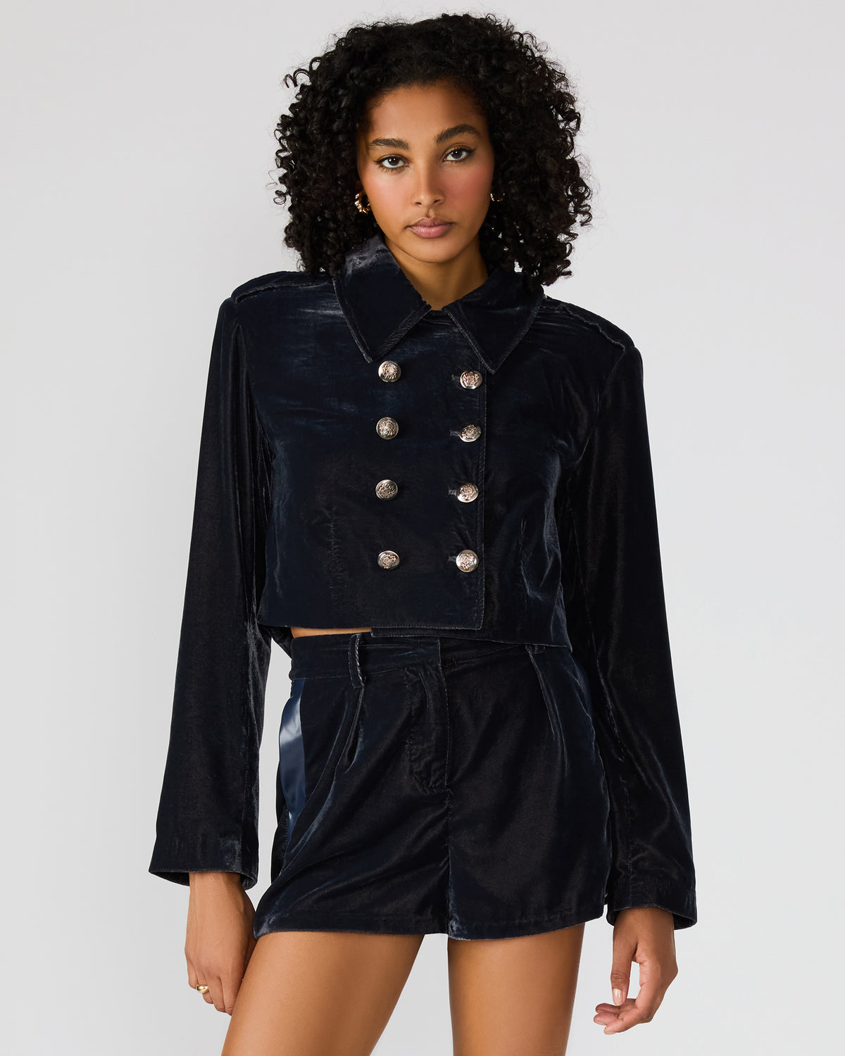 TONIA Indigo Haze Velvet Button-Up Long-Sleeved Women's Blazer Jacket | Steve Madden near me