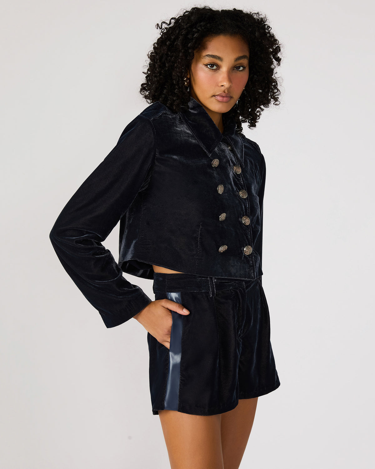 TONIA Indigo Haze Velvet Button-Up Long-Sleeved Women's Blazer Jacket | Steve Madden near me