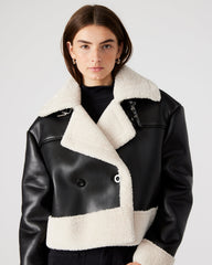 ATHEN Black Women's Faux Leather Shearling Trim Jacket | Steve Madden on Sale