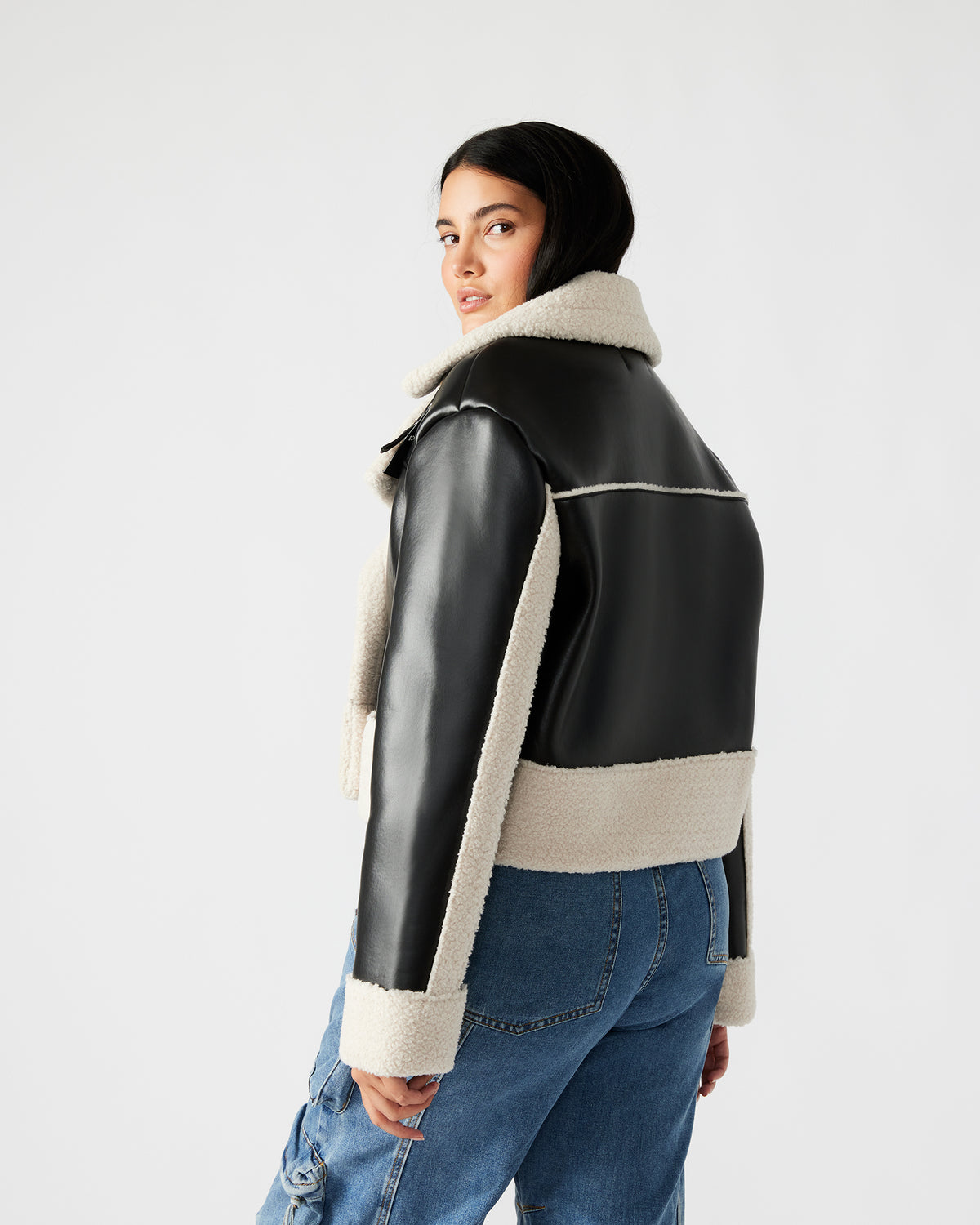 ATHEN Black Women's Faux Leather Shearling Trim Jacket | Steve Madden on Sale