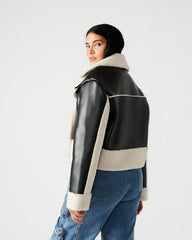 ATHEN Black Women's Faux Leather Shearling Trim Jacket | Steve Madden on Sale