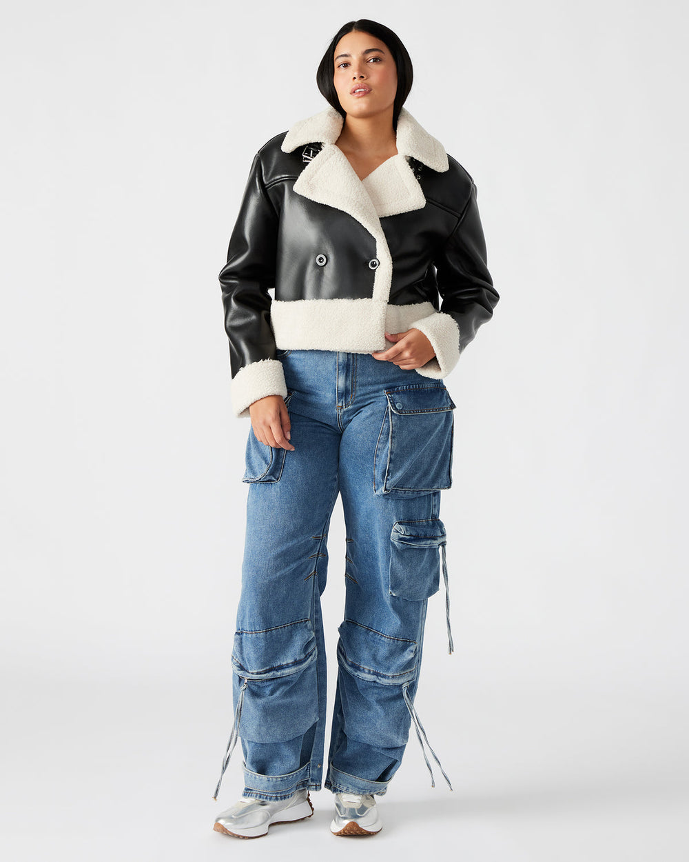 ATHEN Black Women's Faux Leather Shearling Trim Jacket | Steve Madden on Sale