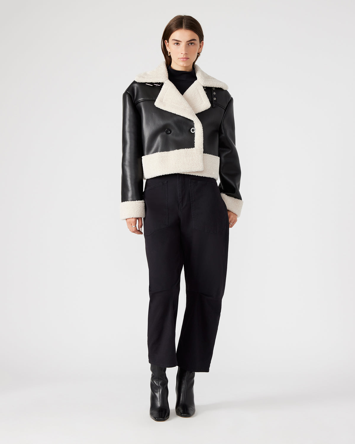 ATHEN Black Women's Faux Leather Shearling Trim Jacket | Steve Madden on Sale
