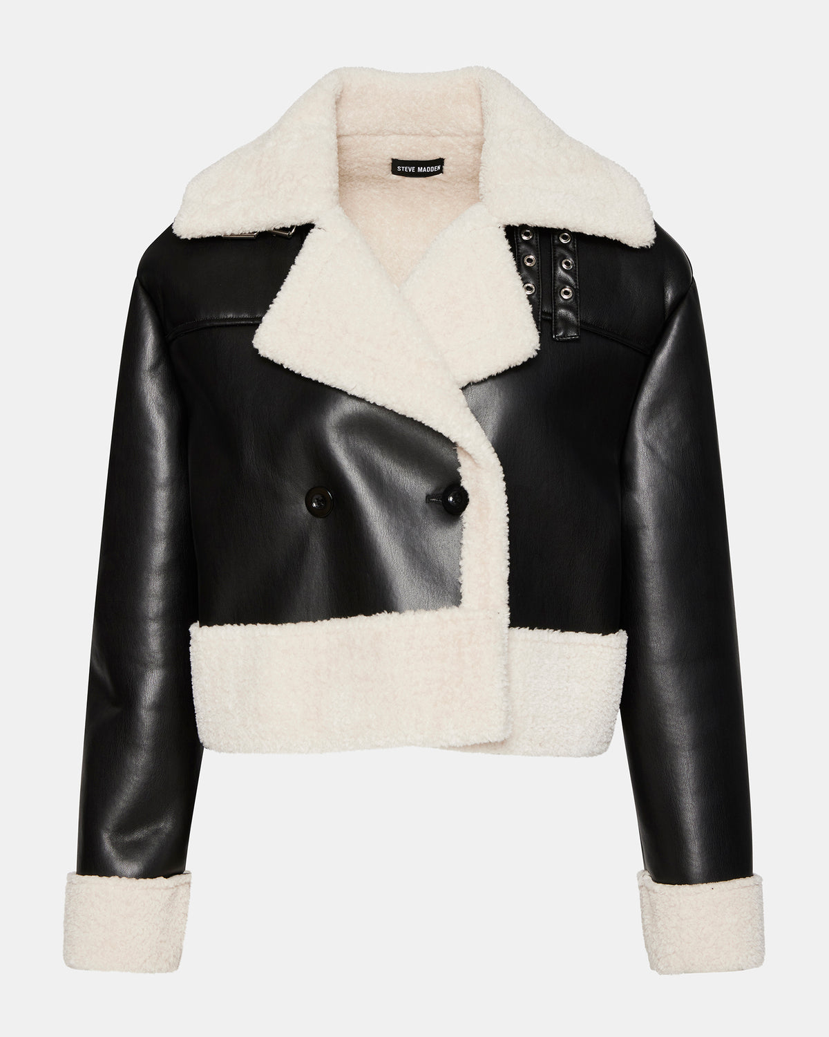 ATHEN Black Women's Faux Leather Shearling Trim Jacket | Steve Madden on Sale