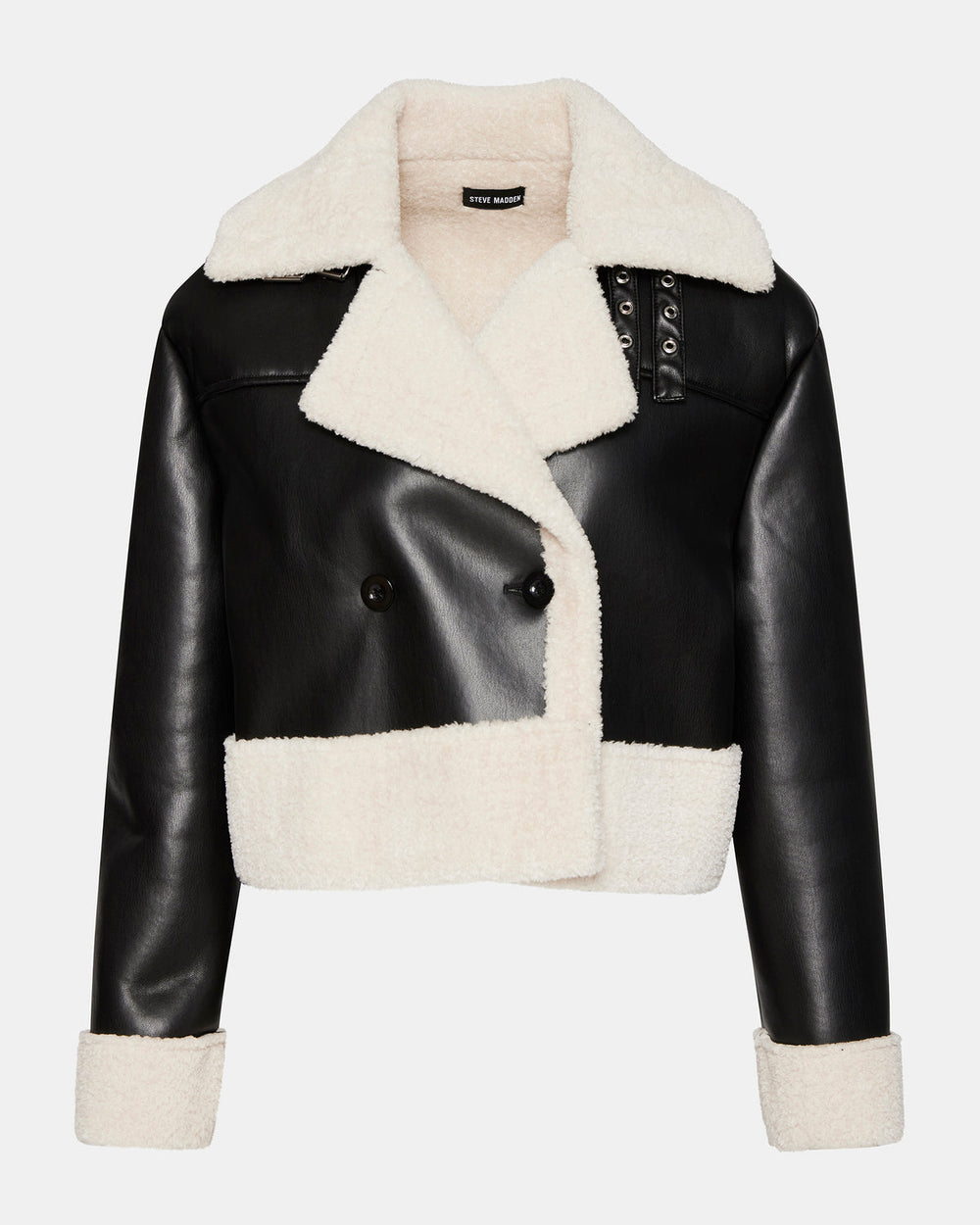 ATHEN Black Women's Faux Leather Shearling Trim Jacket | Steve Madden on Sale