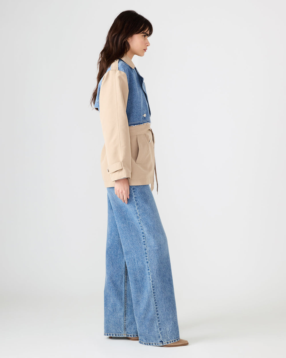 SHYLA Denim Multi Long-Sleeved Denim Khaki Button-Up Tie-Front Women's Coat | Steve Madden online