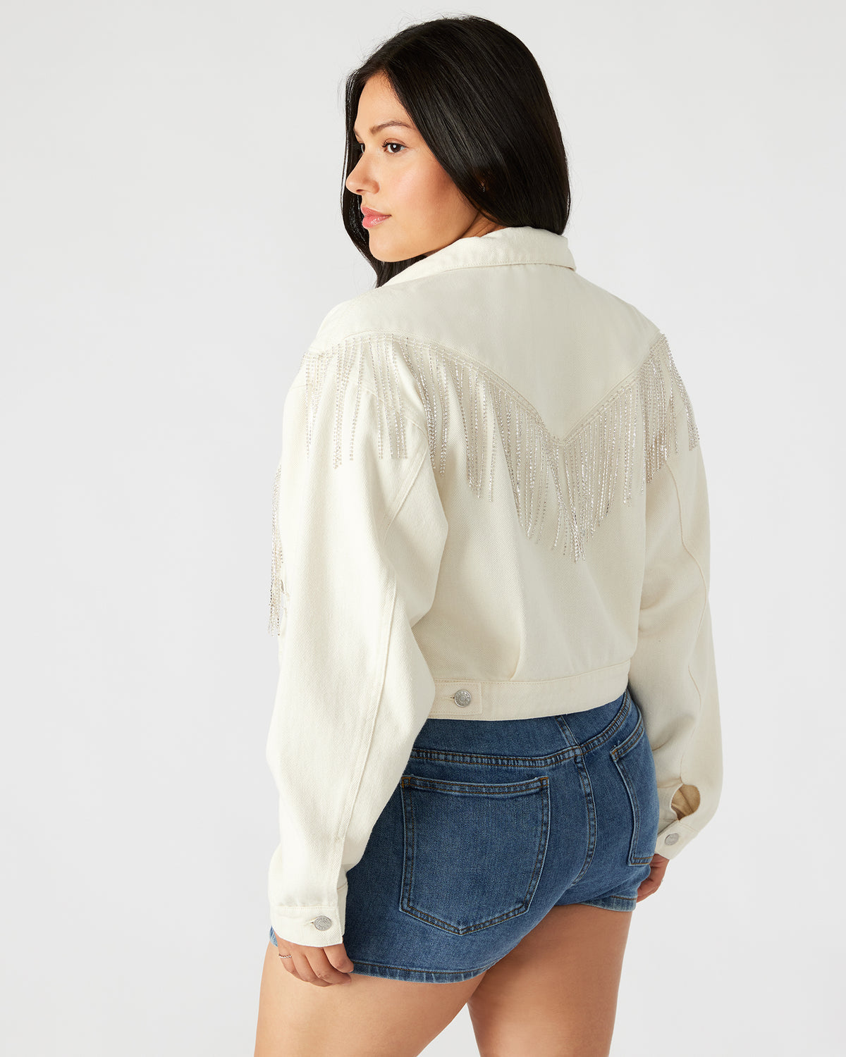 CANYON Denim Jacket Cream | Women's Rhinestone Fringe Jacket | Steve Madden Sale