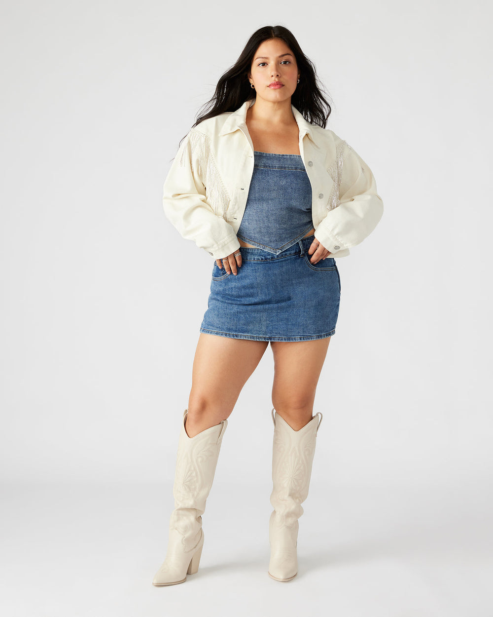 CANYON Denim Jacket Cream | Women's Rhinestone Fringe Jacket | Steve Madden Sale