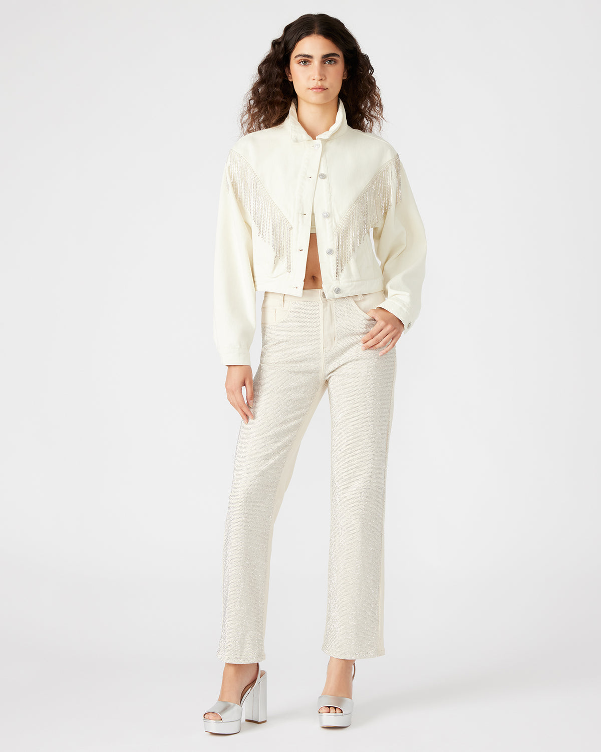 CANYON Denim Jacket Cream | Women's Rhinestone Fringe Jacket | Steve Madden Sale