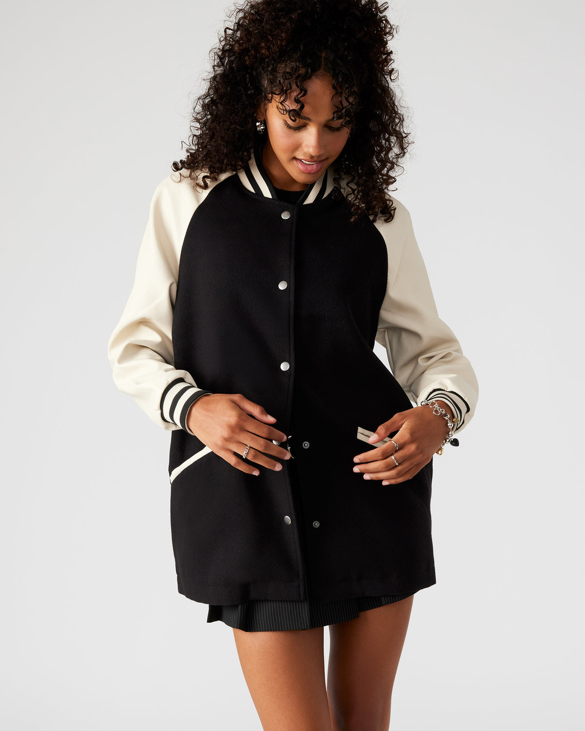 SKYLIE Jacket Black | Women's Varsity Bomber Jacket | Steve Madden for Sale