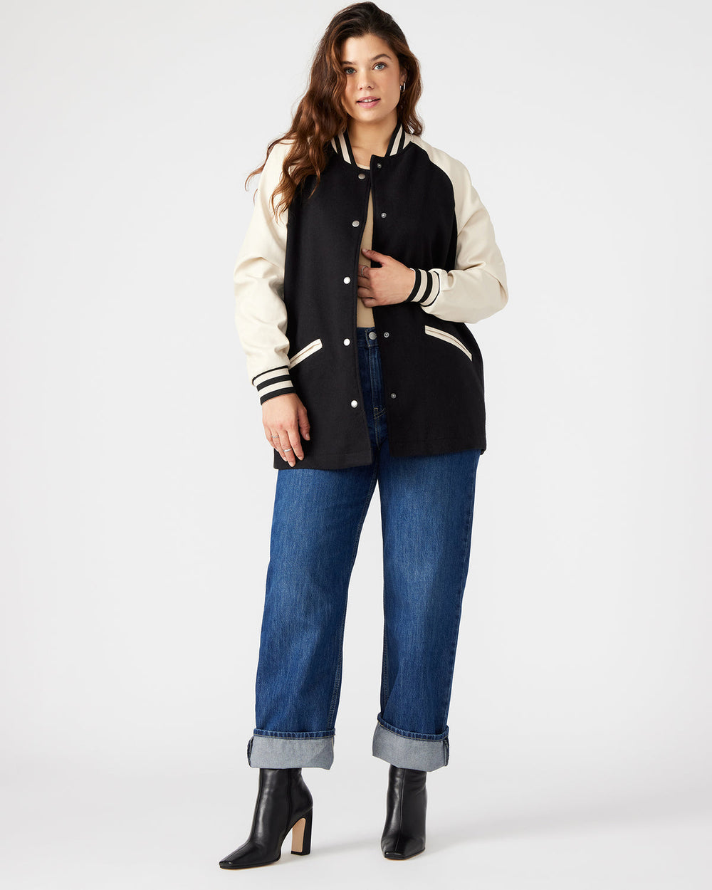 SKYLIE Jacket Black | Women's Varsity Bomber Jacket | Steve Madden for Sale