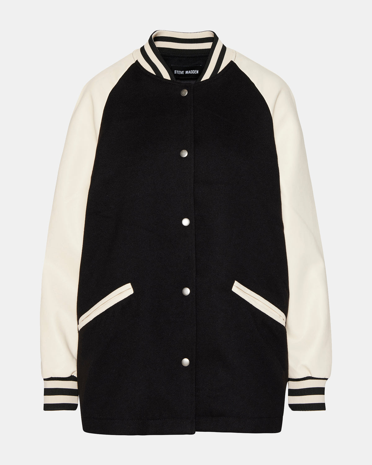 SKYLIE Jacket Black | Women's Varsity Bomber Jacket | Steve Madden for Sale