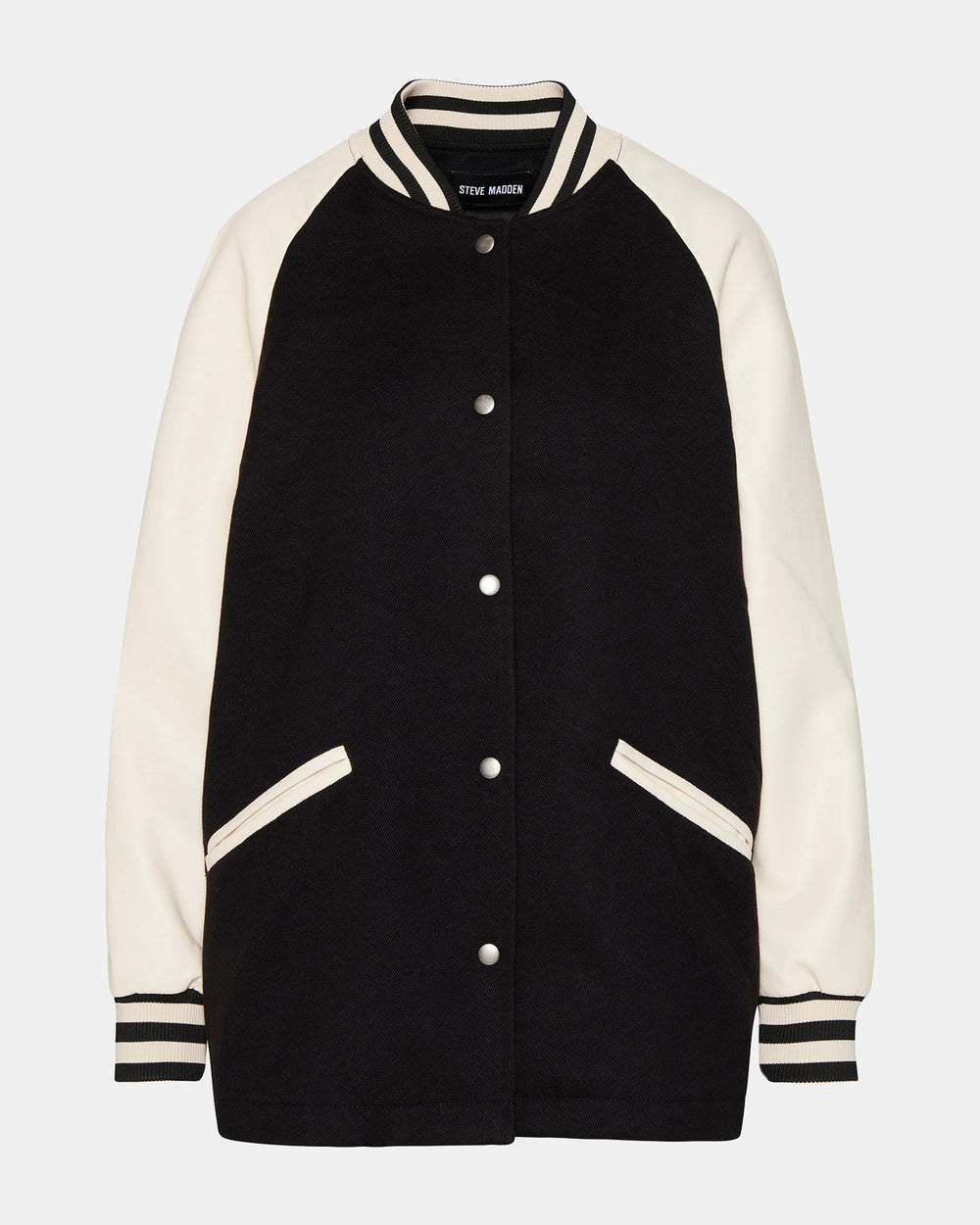 SKYLIE Jacket Black | Women's Varsity Bomber Jacket | Steve Madden for Sale
