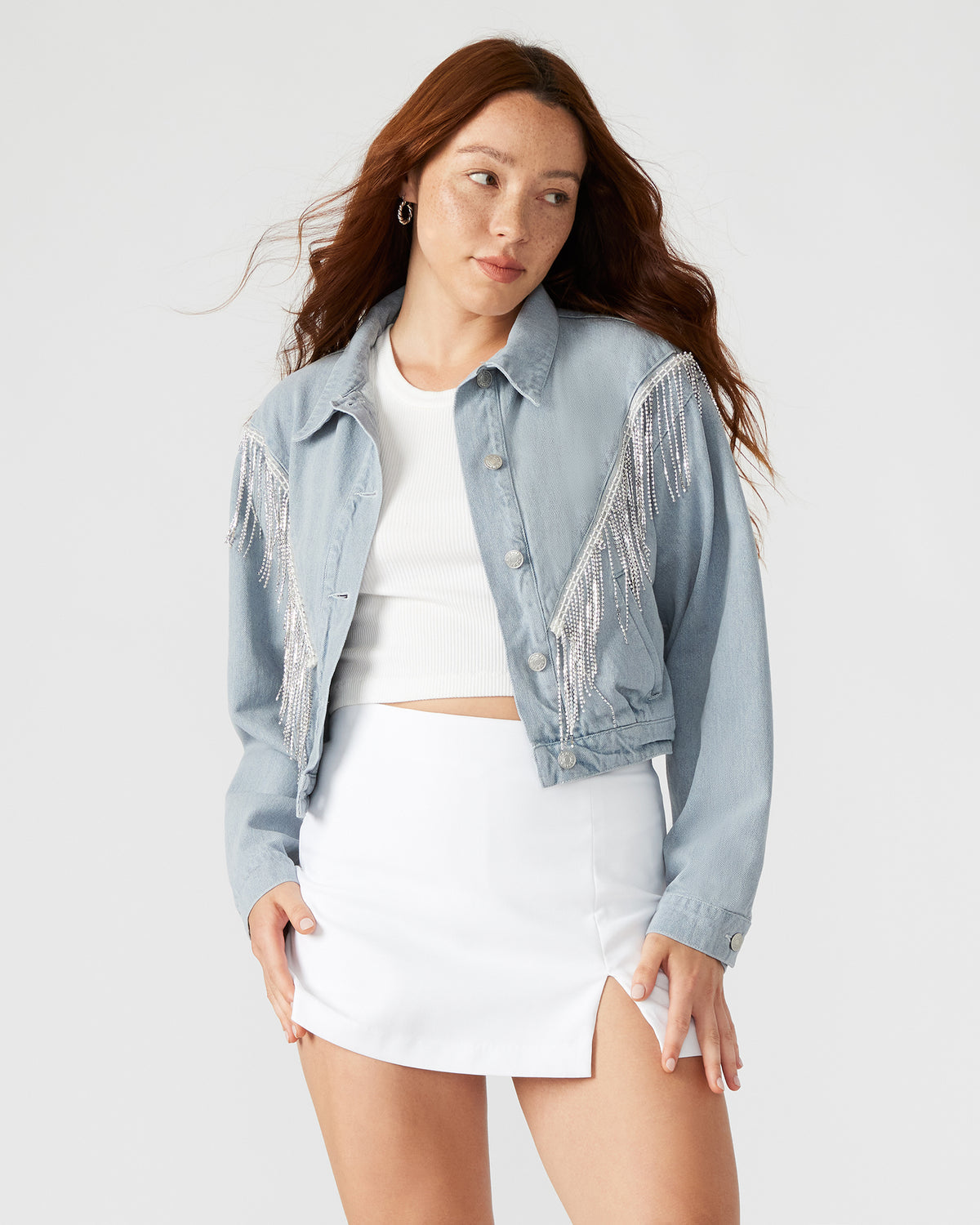 CANYON Denim Jacket | Women's Rhinestone Fringe Jacket | Steve Madden on Sale