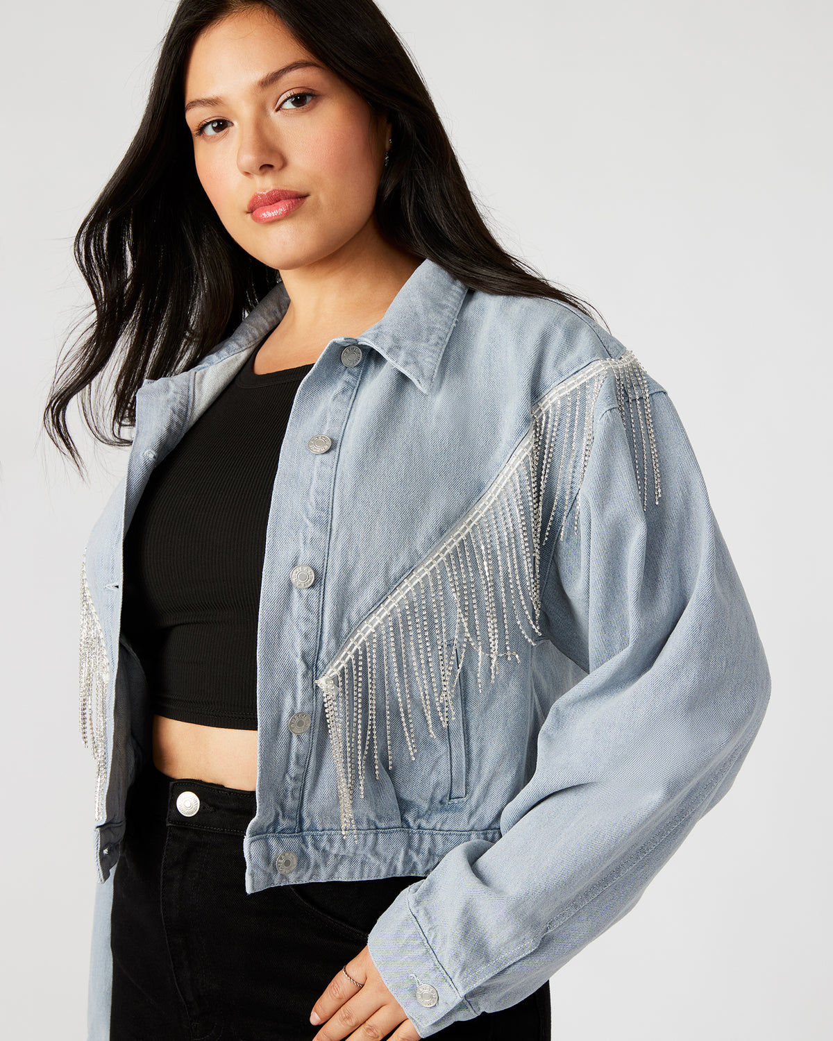 CANYON Denim Jacket | Women's Rhinestone Fringe Jacket | Steve Madden on Sale