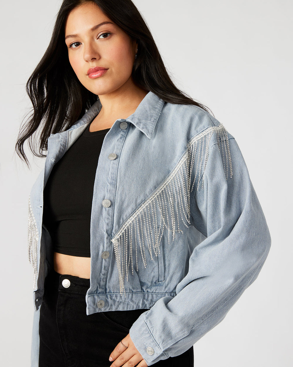 CANYON Denim Jacket | Women's Rhinestone Fringe Jacket | Steve Madden on Sale