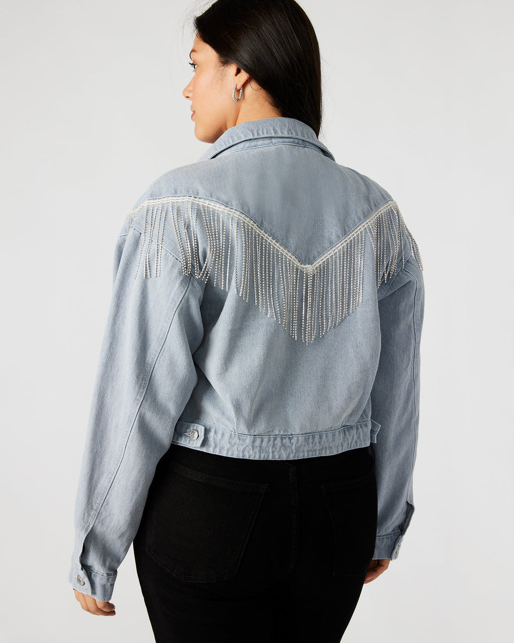 CANYON Denim Jacket | Women's Rhinestone Fringe Jacket | Steve Madden on Sale